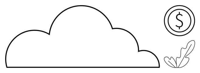 Cloud at center, coin with dollar sign to right, leaf below. Ideal for tech industry, financial growth, digital economy, sustainability, data storage, online transactions modern tech trends