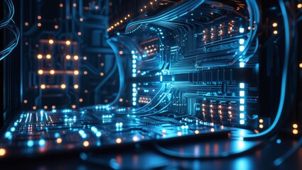 Obraz premium A glowing, enigmatic quantum computer shrouded in shadows, its intricate circuitry bathed in pulsating lights that hint at untold power and intelligence. This image is a digital artwork