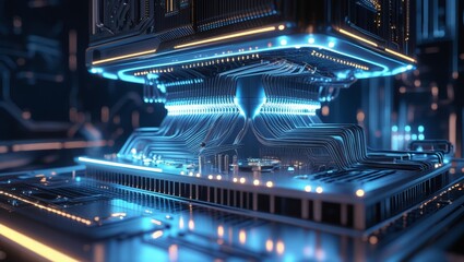 Fototapeta premium A glowing, enigmatic quantum computer shrouded in shadows, its intricate circuitry bathed in pulsating lights that hint at untold power and intelligence. This image is a digital artwork