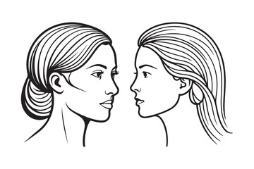 Female Face Line Art with Ponytail and Bun Hairstyle