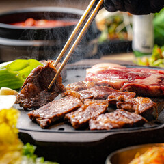 grilled meat with vegetables and cut