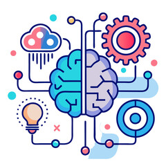 AI Brain Icon with Gear and Circuit Lines – Futuristic Artificial Intelligence Symbol, AI Brain with Gear – Digital Tech Icon, Neural AI Brain – Smart Circuit Design, AI Brain Symbol – Futuristic 
