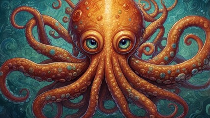 Obraz premium An enormous, tentacled behemoth rises from the depths, its retro-inspired design evoking a sense of nostalgia and wonder. This imagined cartoon character is portrayed detailed and vibrant painting