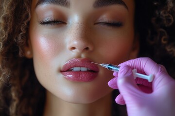 Beautician wearing pink gloves injecting filler into woman's lips for cosmetic enhancement, improving facial features and boosting self-confidence