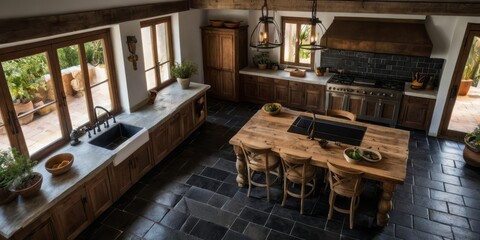 Rustic Kitchen Design With Wooden Cabinets And Island