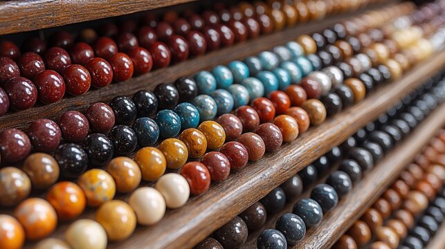 Colorful gemstone beads displayed on wooden shelves. - Powered by Adobe