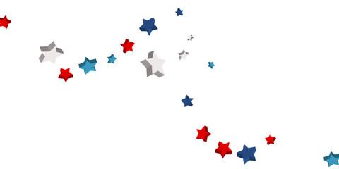 Volumetric blue, red and white stars are scattered on a white background. Festive background