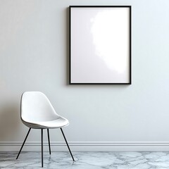 white room with chair and empty frame 3d render mockup  design. minimalist interior design and white empty frame on wall