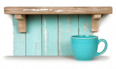 Rustic wooden shelf with turquoise mug against light blue weathered wood background, ideal for cozy kitchen or interior design themes