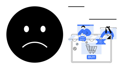Large sad face beside digital shopping elements thumbs up shopping cart, cashback, and sale icons. Ideal for e-commerce difficulties, online shopping challenges, customer dissatisfaction, market