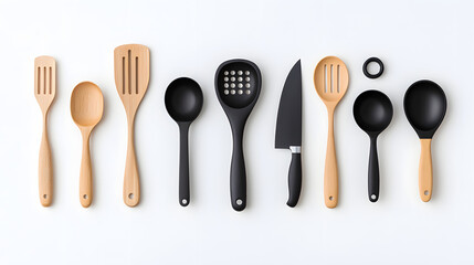 Kitchen utensils including wooden and black cooking tools, knife, and ladles arranged neatly. Perfect for culinary enthusiasts and home cooks