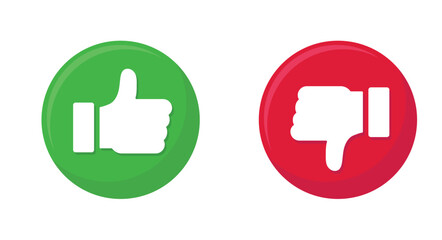 Thumb up and thumbs down flat icons. Vector illustration isolated on white background.