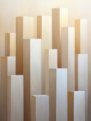 Abstract cityscape with tall, geometric towers in neutral tones, creating a modern urban feel.