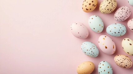 Colorful decorative eggs arranged artistically on a soft pastel background for spring celebration