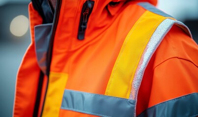 Bright orange safety jacket detail close-up