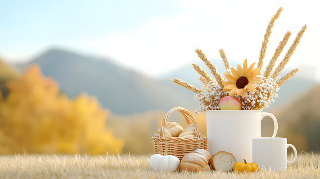 cozy autumn picnic setup featuring basket of bread, white mug, and vase with sunflowers and wheat, set against scenic mountain backdrop