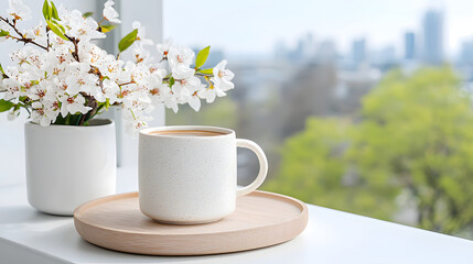 cozy spring morning scene featuring cup of coffee on wooden tray, accompanied by vase of white flowers. background showcases blurred cityscape with greenery