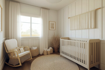 Calm and neutral nursery with white walls, wooden accents, and a rocking chair next to a crib.