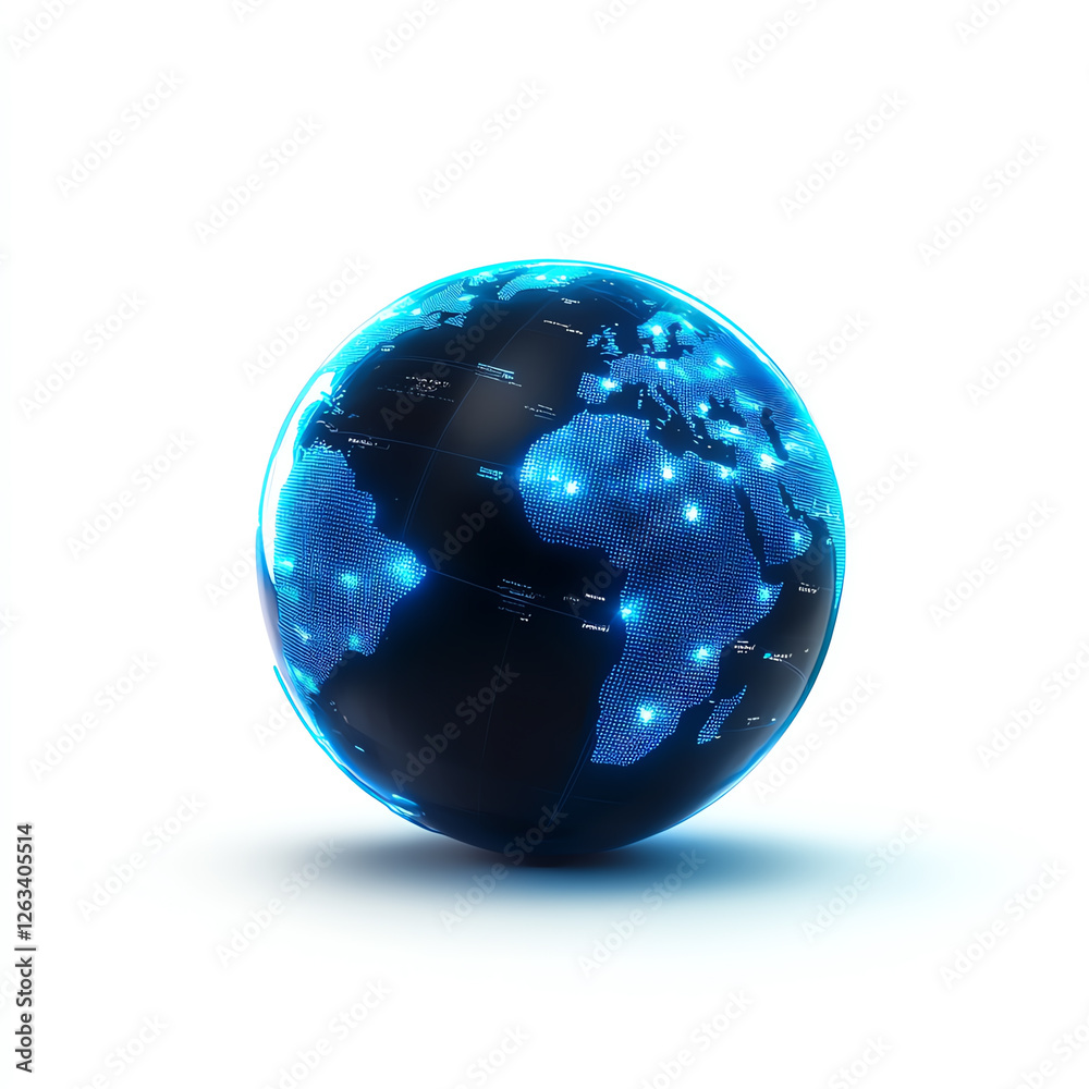 Wall mural a stunning 3d rendering of a glowing globe highlighting continents with bright blue lights, symboliz