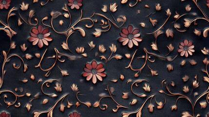 Ornate floral pattern with embossed flowers on black leather for luxurious decor and design