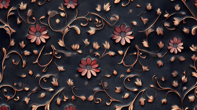Ornate floral pattern with embossed flowers on black leather for luxurious decor and design