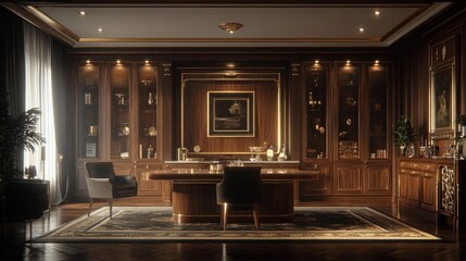 Luxurious wooden office interior, elegant design, sunlight streams in, showcasing a grand executive desk