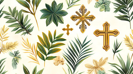 Sacred Palm Sunday pattern background showcasing interwoven willow twigs and ornate golden Orthodox crosses on a soft beige canvas, evoking tradition and spirituality.