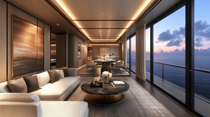 Luxurious yacht interior living room overlooking ocean sunset