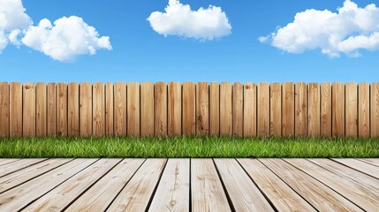 Fototapeta premium Wooden fence, grassy yard, deck, sunny sky. Background ideal for home improvement