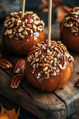 Three Caramel Apples with Pecans on Wood