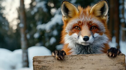 Obraz premium A red fox stands on its hind legs, peering over a weathered wooden sign in a snowy forest. The surroundings are peaceful, with snow-covered trees in the background and soft light filtering through