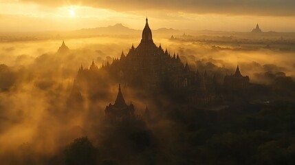 Ancient Temples Enveloped In Golden Sunrise Mist