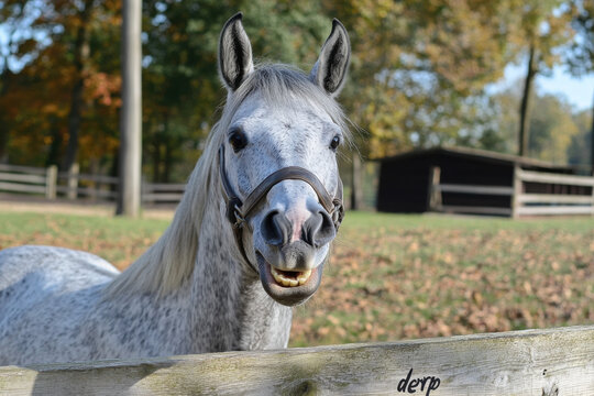 Horse making a &ldquo;derp&rdquo; face with its mouth hanging open and teeth showing