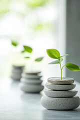 Obraz premium Exploring the Harmony of Nature and Design: A Minimalist Approach with Green Plants and Elegant Stones for Serene Home Decor
