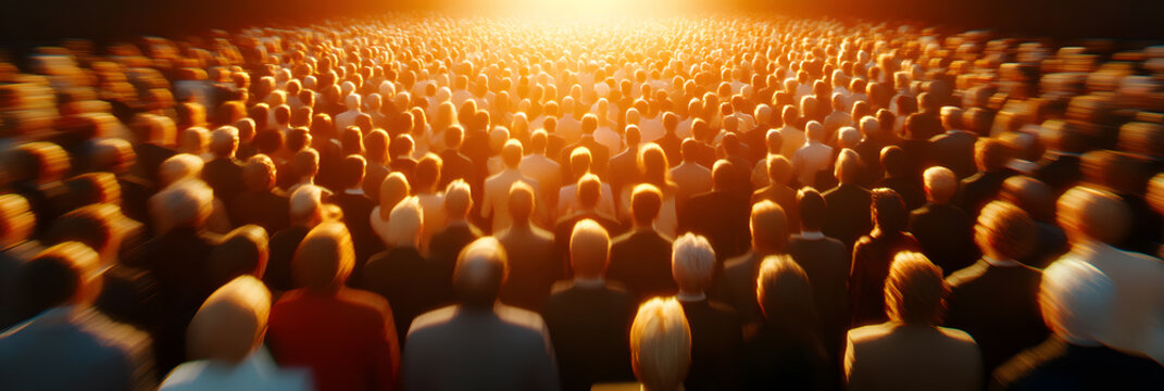 Large crowd gathering in bright light, backs turned. Audience or attendees at event, blurred motion. Collective energy, many individuals in a unified space.