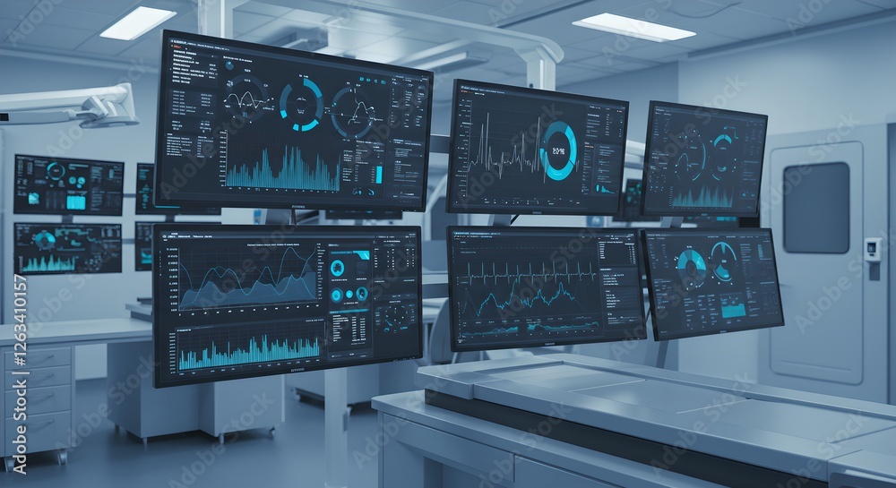 Poster futuristic medical lab with multiple screens displaying data analytics. advanced healthcare monitori