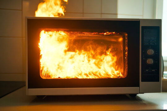 Domestic electrical fire in a microwave oven in the kitchens