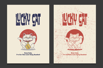 lucky cat cartoon character in retro style, vector illustration