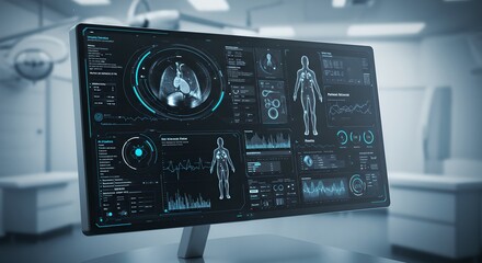 Futuristic medical interface displaying human body scan and health data. Advanced diagnostic technology in modern healthcare. Digital health monitoring system.