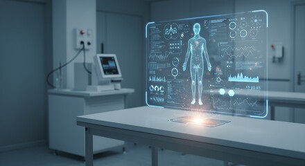 Future medical lab with holographic human body display. Virtual patient analysis in futuristic hospital. Digital health technology and AI diagnostics concept.