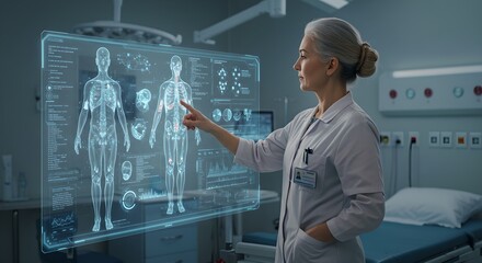 Woman doctor using futuristic holographic interface for human body analysis. Advanced medical technology in modern hospital laboratory for patient diagnosis