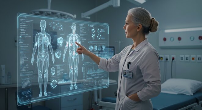 Woman doctor using futuristic holographic interface for human body analysis. Advanced medical technology in modern hospital laboratory for patient diagnosis