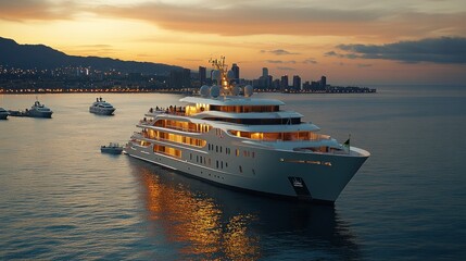 Luxury yacht at sunset in coastal city harbor