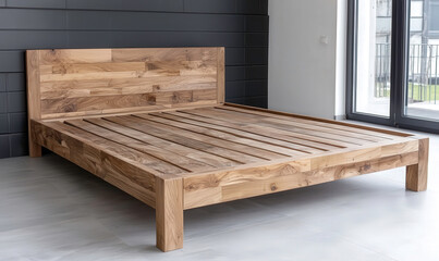 Modern minimalist wooden bed design with natural finish and clean lines in contemporary bedroom interior featuring large windows and neutral tones
