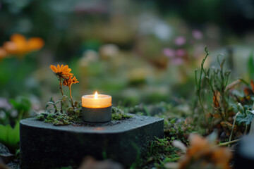 Grave marker with a small candle flickering in remembrance