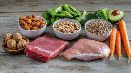 Fresh and Healthy Ingredients for Cooking with Lean Meats, Nutritious Vegetables, and Protein-Rich Nuts on a Rustic Wooden Table
