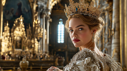  Elegant queen wearing golden crown in ornate palace