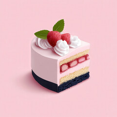 Delicate and Charming Layered Cake with Strawberries and Cream on a Soft Pink Background for Culinary and Dessert Enthusiasts