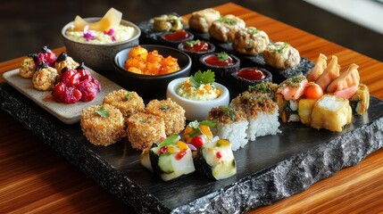 Gourmet Fusion Sushi Platter with Assorted Appetizers for Fine Dining and Culinary Design