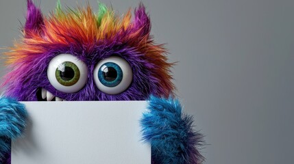 Fototapeta premium A vibrant, fluffy creature with colorful fur and large eyes presents a blank sign. It appears playful and engaging, set against a neutral backdrop, inviting interaction